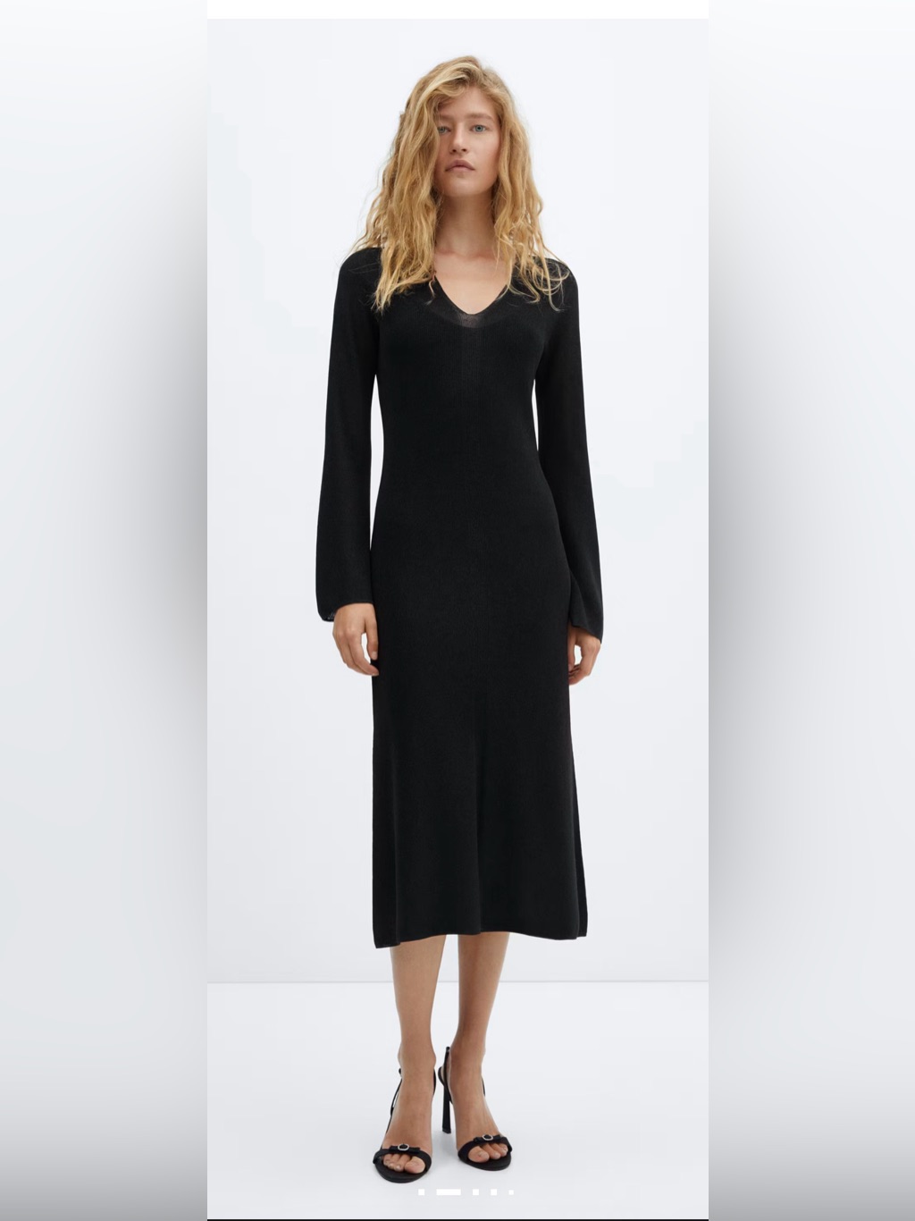 Mango Black V-Neck Long Sleeve Knit Dress